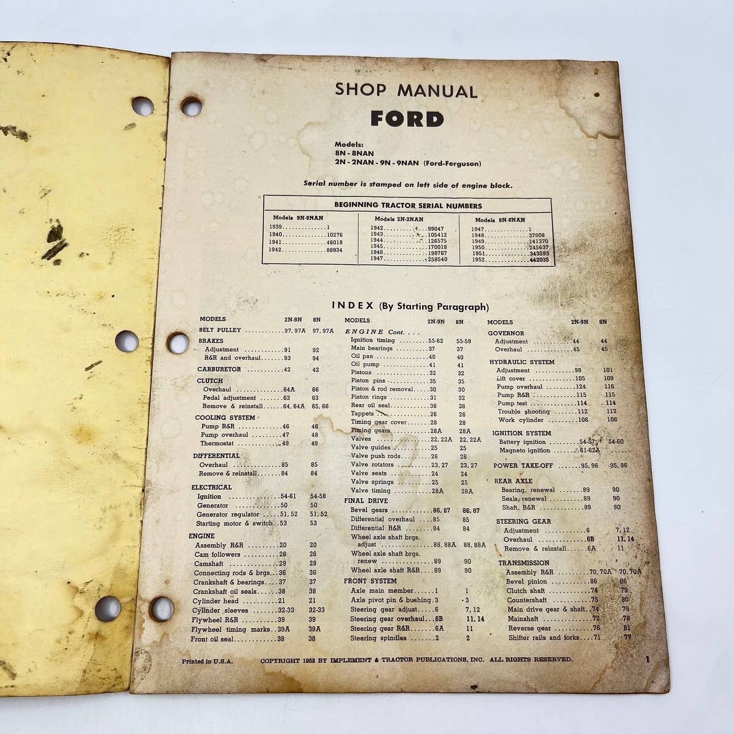 1953 FORD SERIES 2N 8N 9N 9N TRACTOR SERVICE MANUAL I&T FO-4 Repair Book TC6