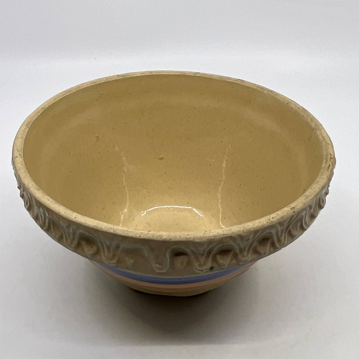 Vintage McCoy Yellow Ware Blue Pink Striped Mixing Bowl 6” Pie Crust Rim TH5