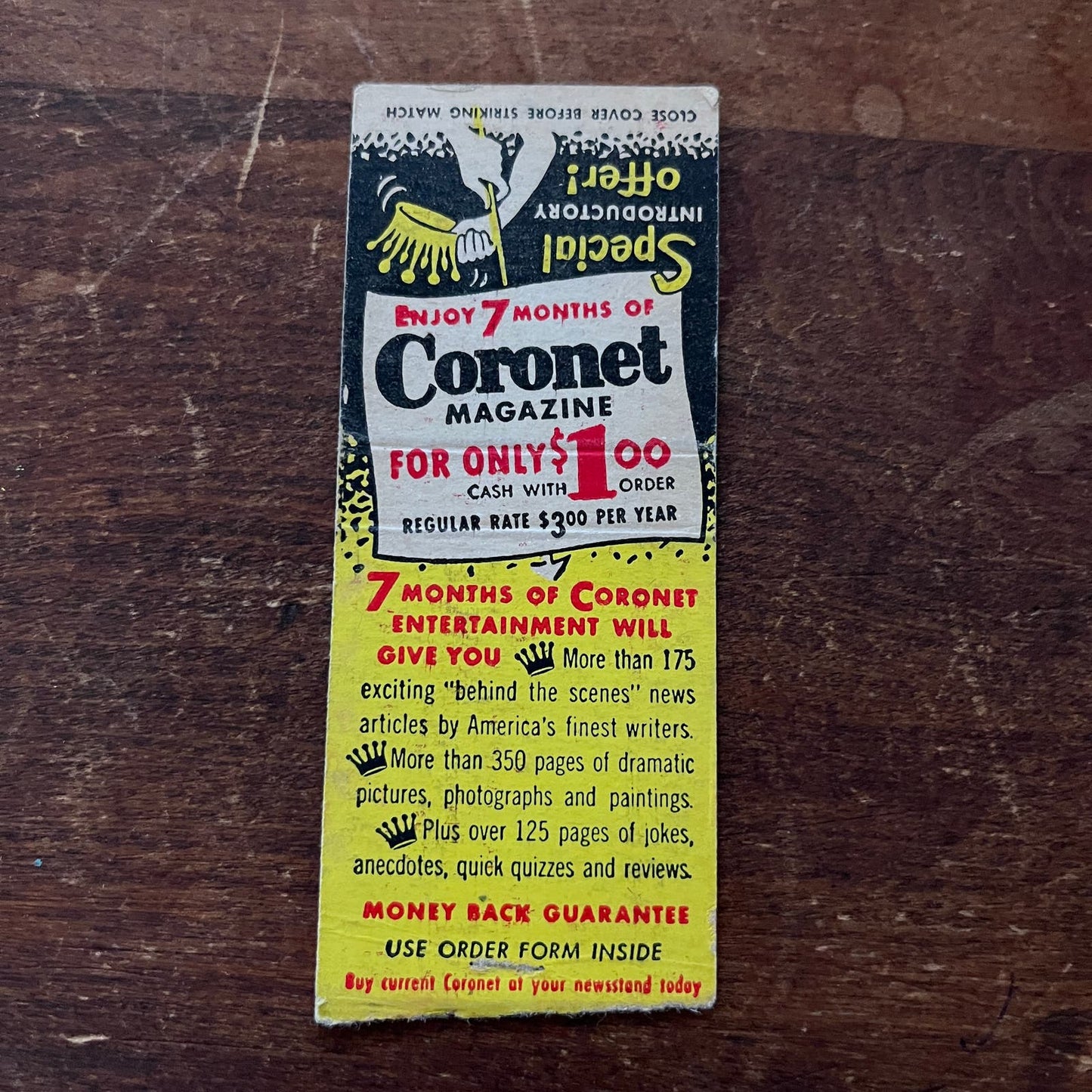 Coronet Magazine 7 Month Offer Advertising Matchbook Cover SA9-M13