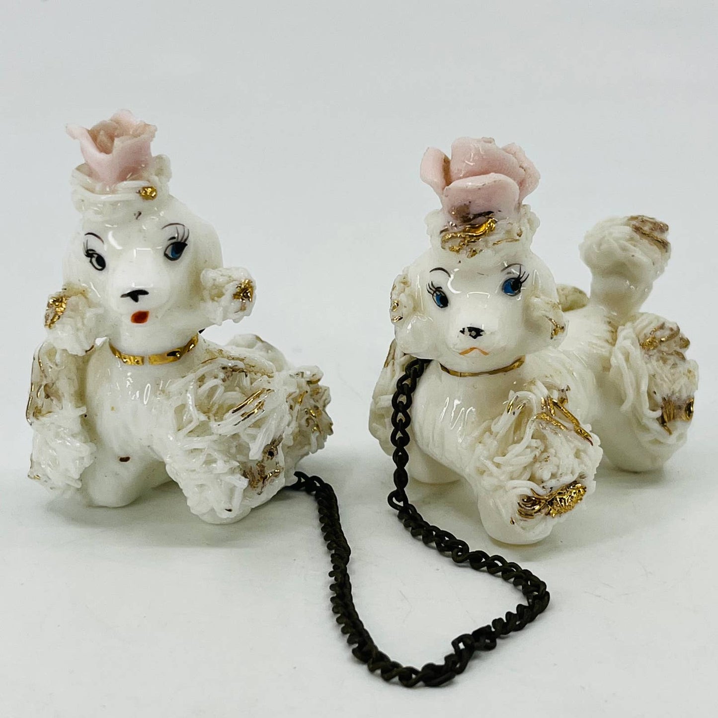 Vintage Poodle Dogs on Chain Hand Painted Bone China Porcelain 2” SA5