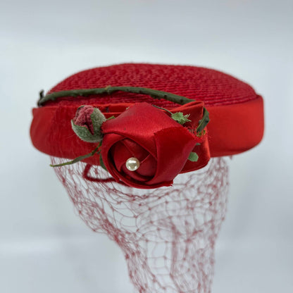 Vintage Woman’s Red Rose Cocktail Fascinator Pillbox Hat Millinery Netting HB1