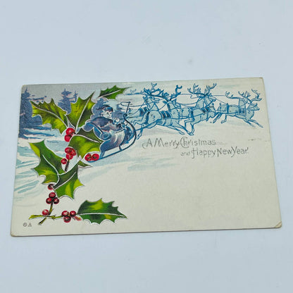 1910s Christmas Post Card Early Santa Reindeer Sleigh Holly Nash Embossed PA4