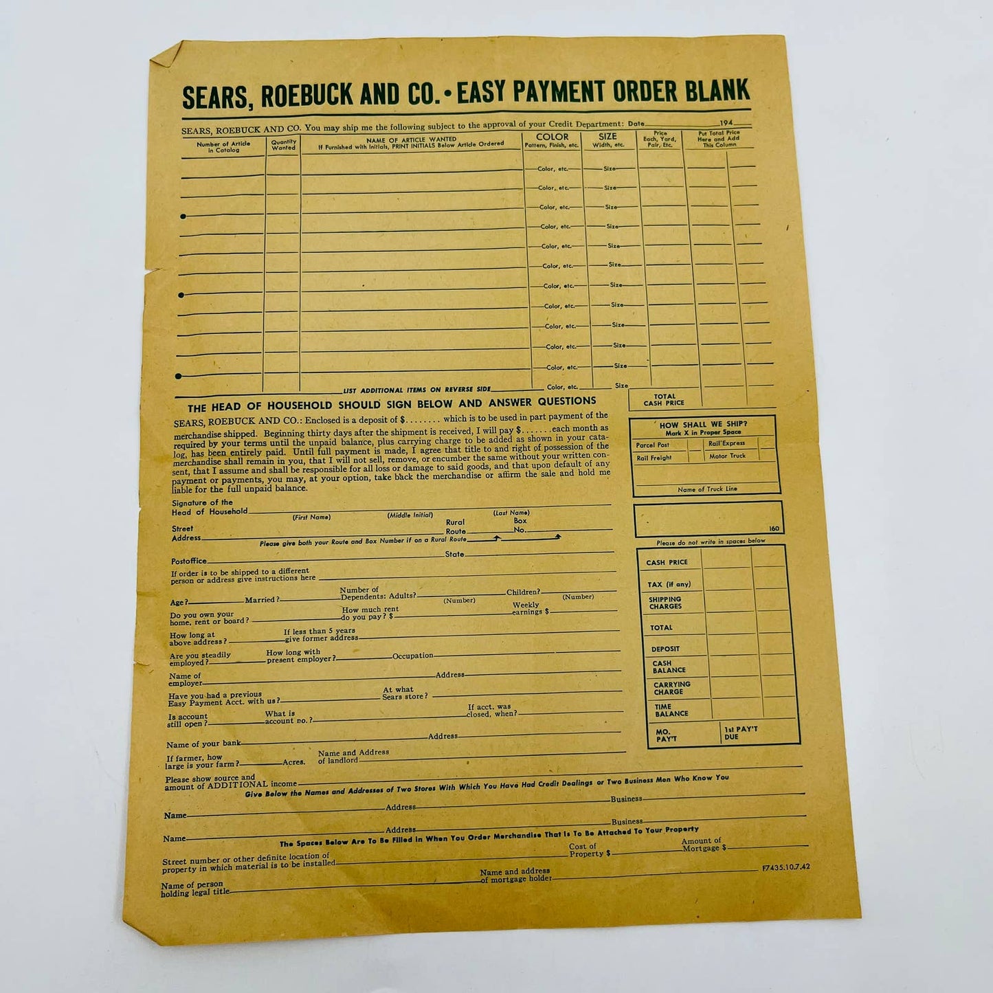 1942 Sears, Roebuck and Co. Order Blank Form D2