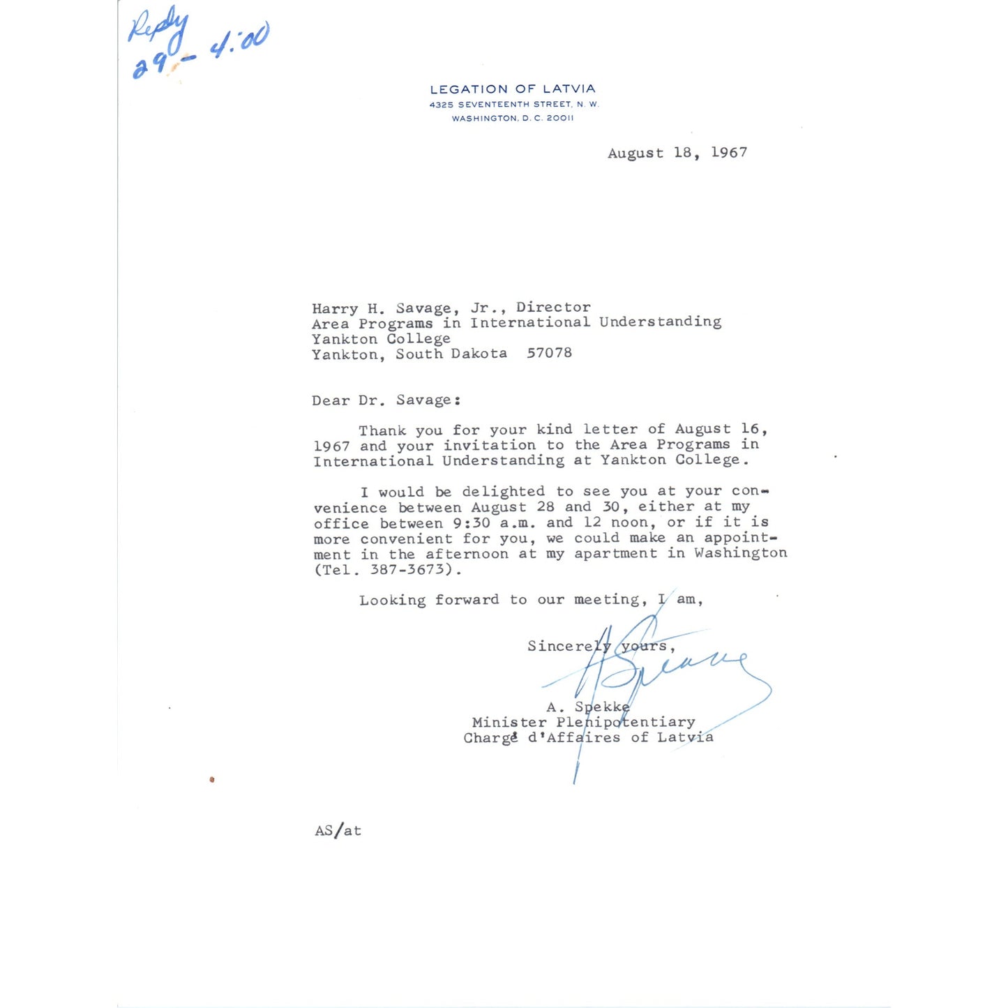 Legation of Latvia Official Letterhead Memo A. Spekke Aug 7 1968 B13