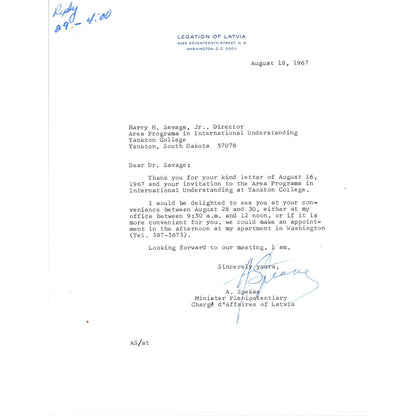 Legation of Latvia Official Letterhead Memo A. Spekke Aug 7 1968 B13
