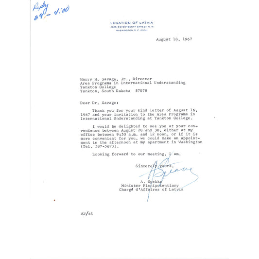 Legation of Latvia Official Letterhead Memo A. Spekke Aug 7 1968 B13