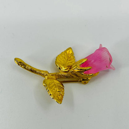 Vintage MCM Acrylic Pink Rose Brooch Gold Tone SA6