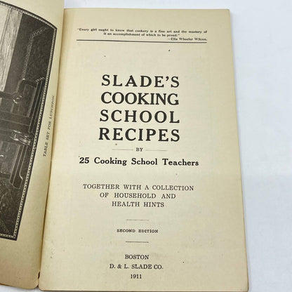 1911 Slade’s Cooking School Recipes Cookbook D&L Slade Boston MA TF7