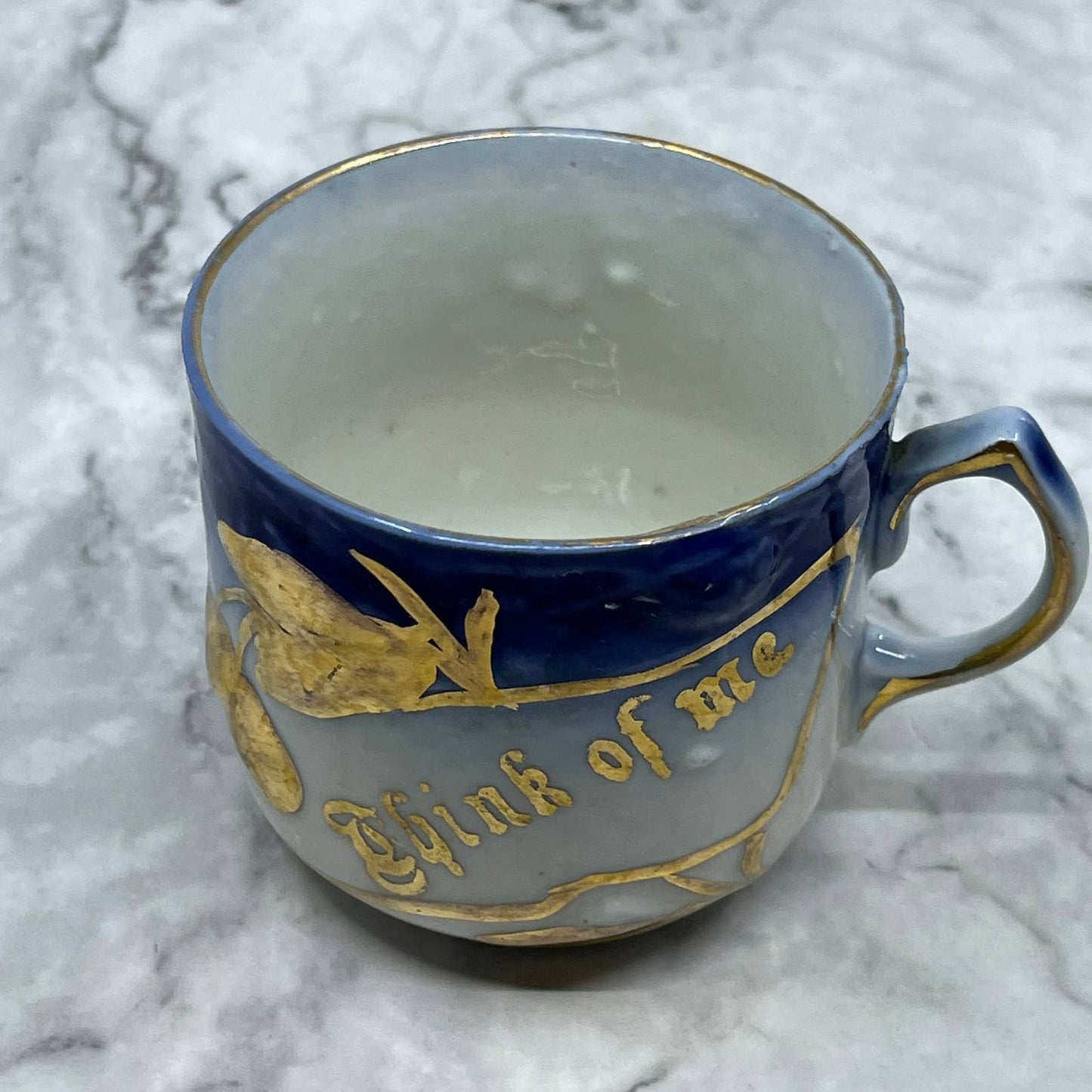 Antique 1890s German Flow Blue "Think of Me" Cup Forget Me Not TD6-5