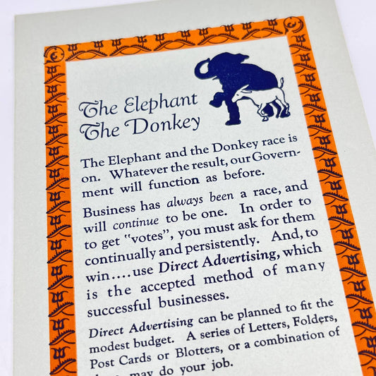 1940s Blotter Card Elephant and Donkey Joseph L. Schmitz Printing Chicago IL SC9