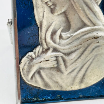 1920s Art Deco Metal Virgin Mary Madonna on Blue Glass Free Standing 4” TC3