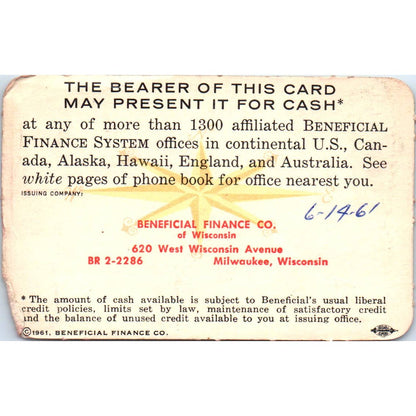 1961 Beneficial Finance System International Credit Card Milwaukee Obsolete SE5