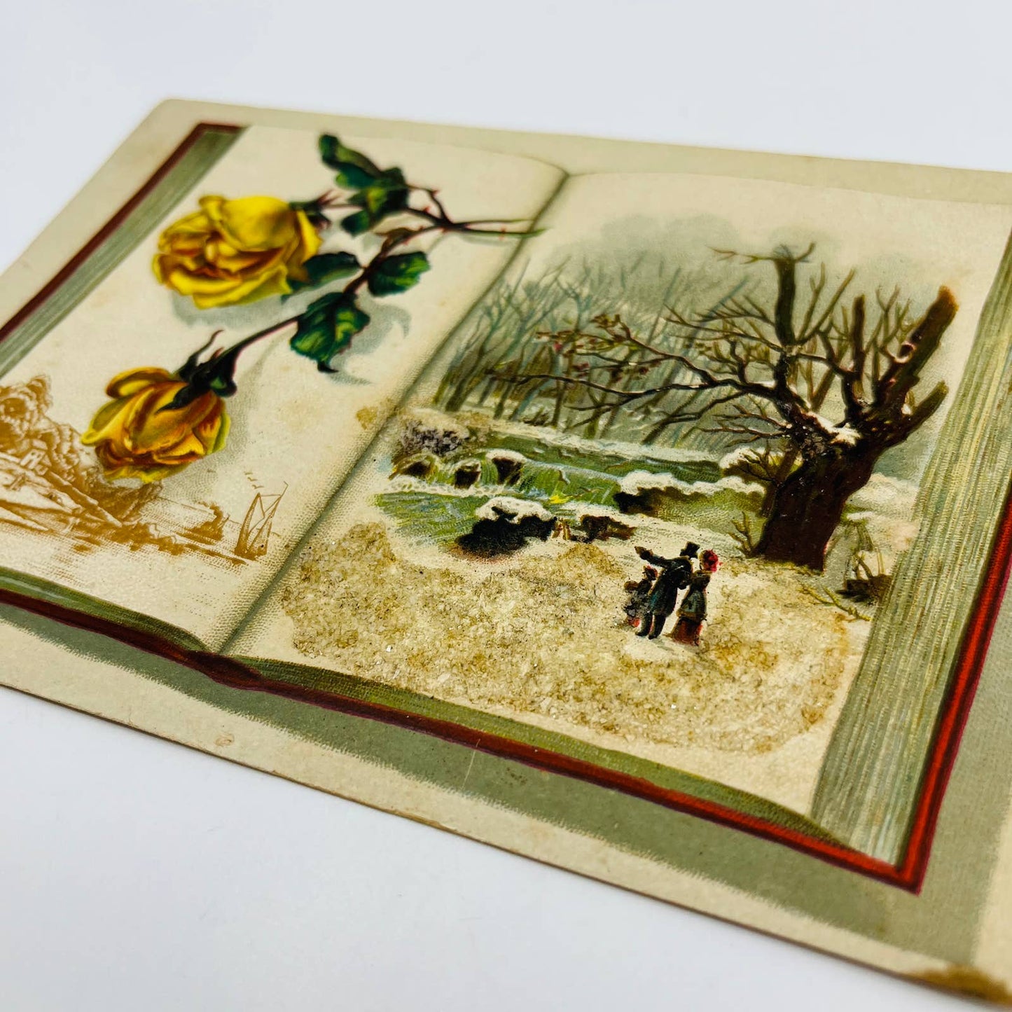 1880s Victorian Greeting Card Mica Embossed Snow Christmas Roses River Falls AA5