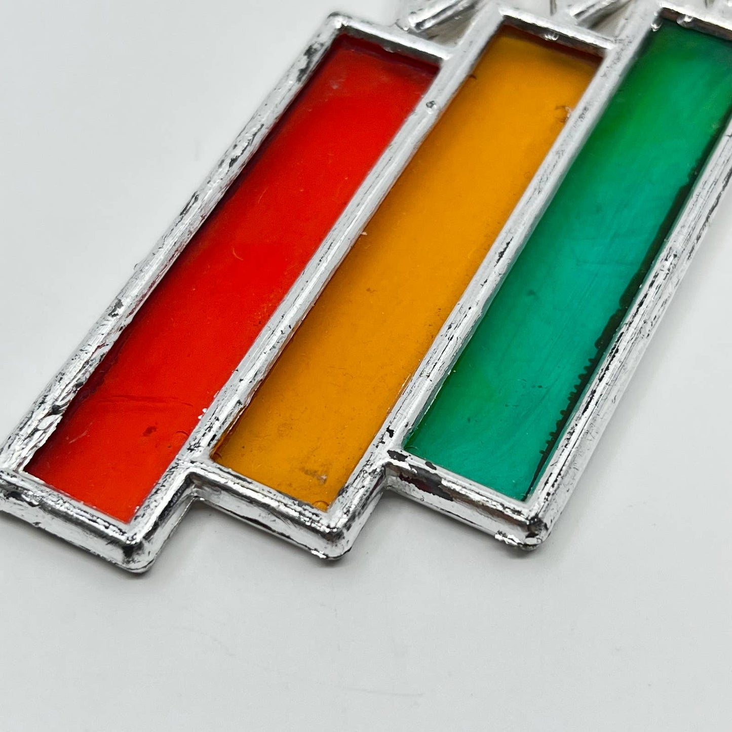 1970s Acrylic Stained Glass Style Ornament Red Orange Green Candles SC6