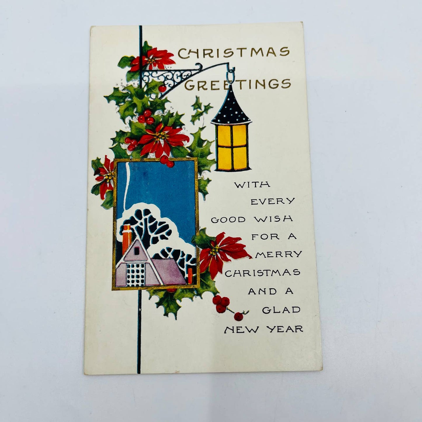 1910s Christmas Post Card Embossed Cottage Holly Poinsettia Lantern Whitney PA4