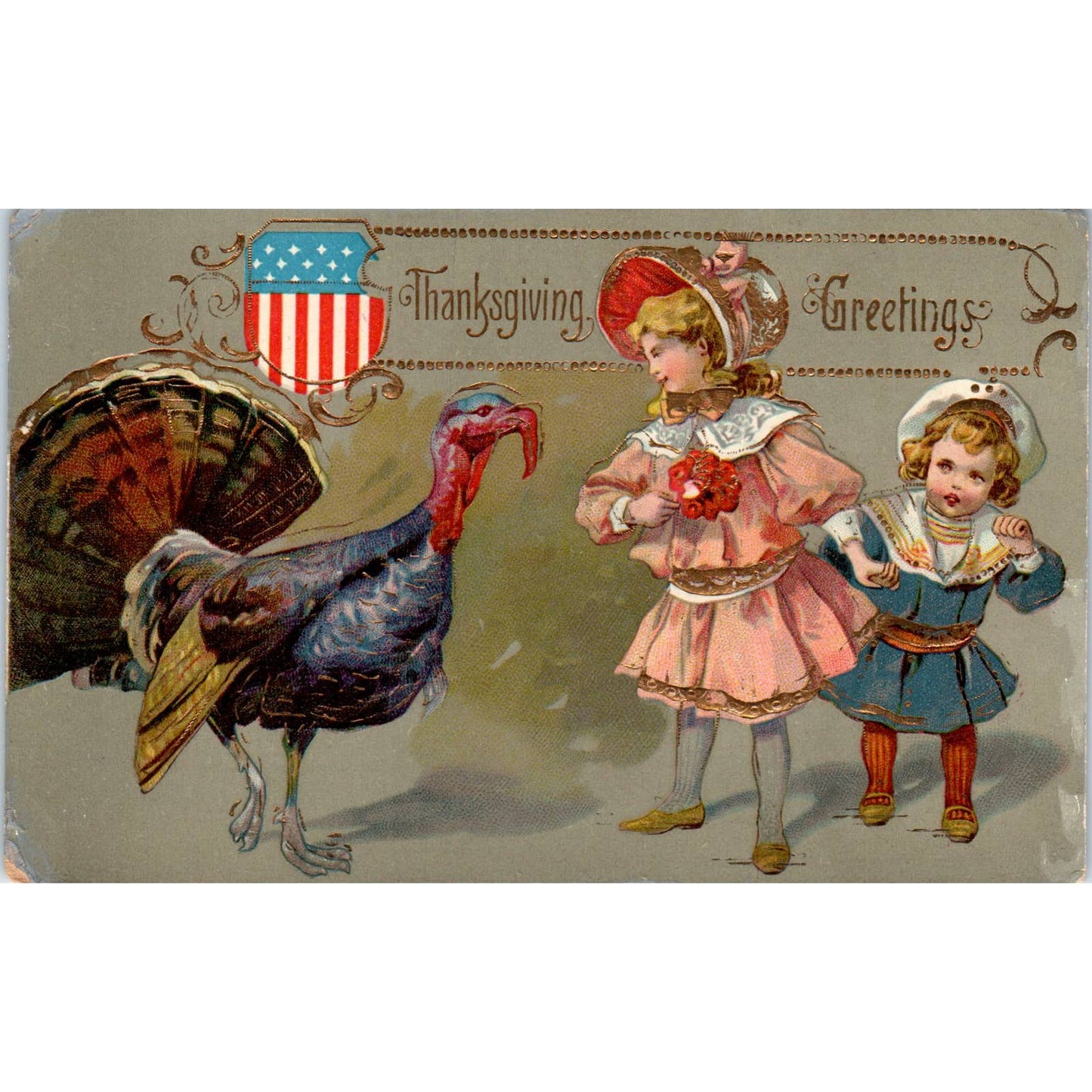 Thanksgiving Turkey American Flag Victorian Girls c1910 Postcard TK1-26