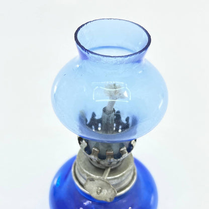 Vintage Mini Cobalt Blue Glass Kerosene Oil Lamp 4.5" TC7-1