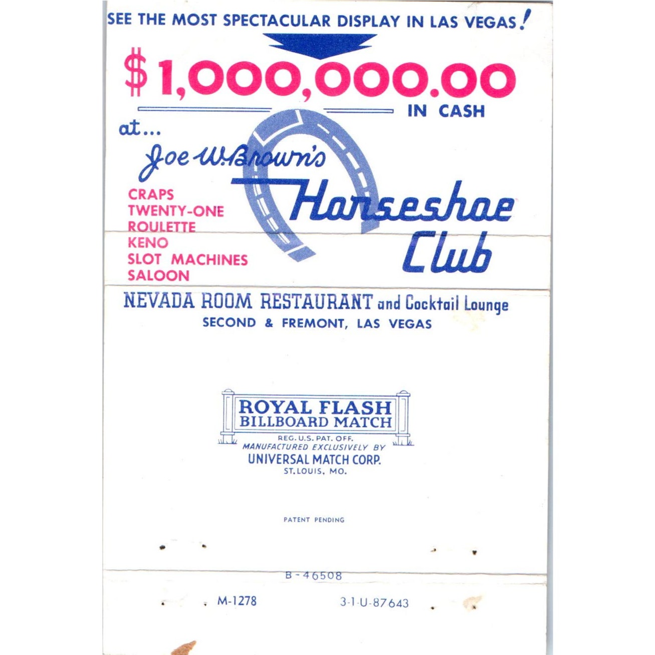Joe W. Brown's Horseshoe Club Las Vegas Wide Advertising Matchbook Cover SA6-M7
