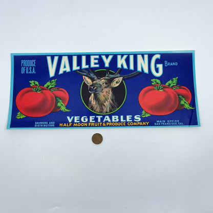 1940s Valley King Vegetable Crate Label, Elk, Buck, Stag San Francisco, CA FL3