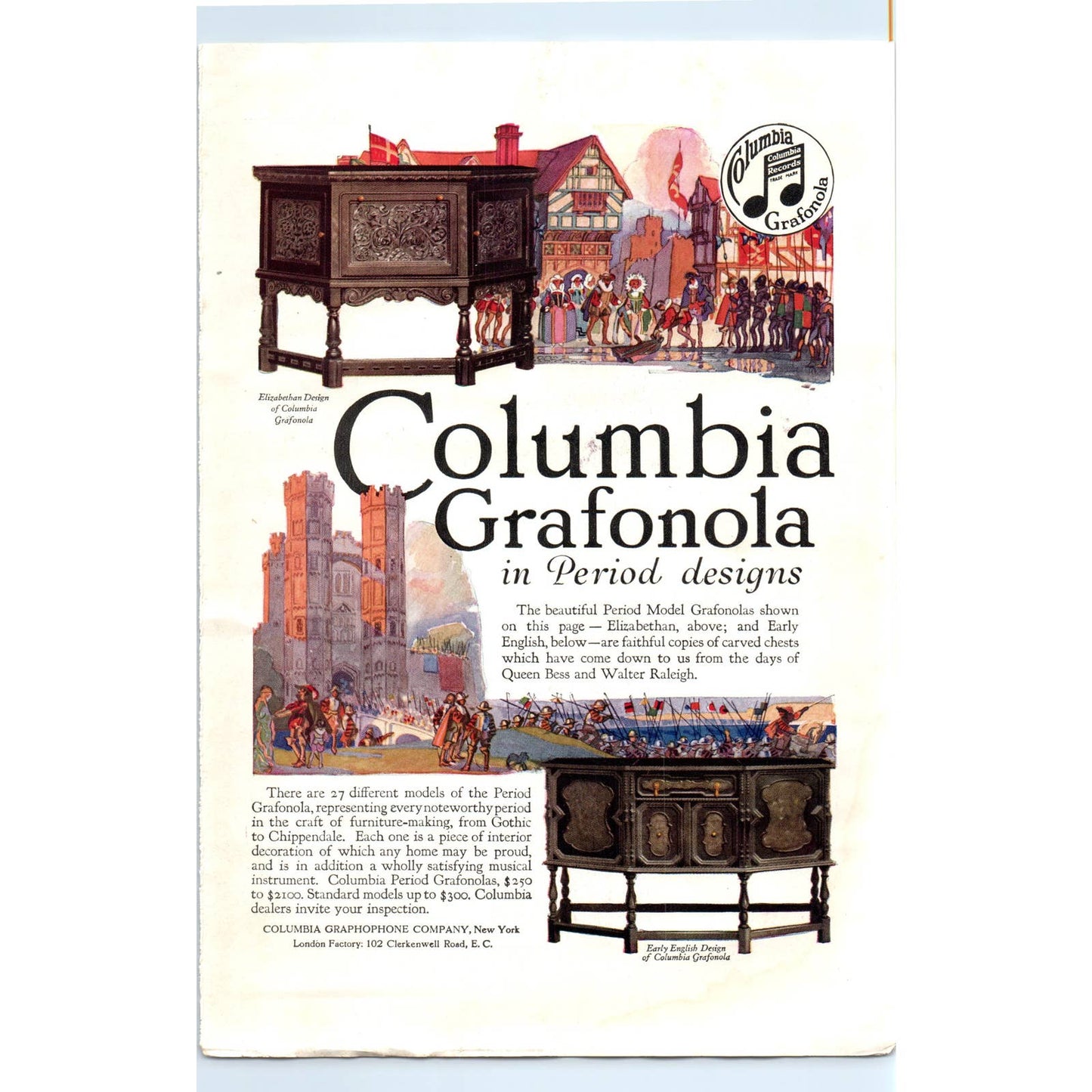 c1920 Harper's Magazine Ad - Columbia Grafonola Elizabethan Record Players EA3