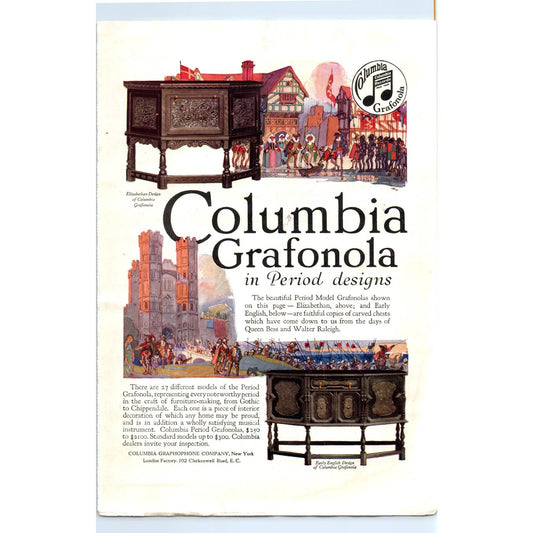 c1920 Harper's Magazine Ad - Columbia Grafonola Elizabethan Record Players EA3