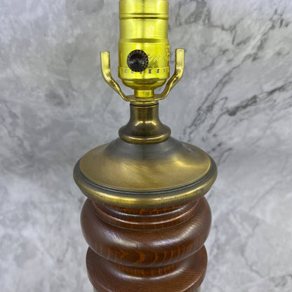 Retro Turned Oak Wood and Brass Electric Table Lamp w/ Harp & Finial WORKS 20"