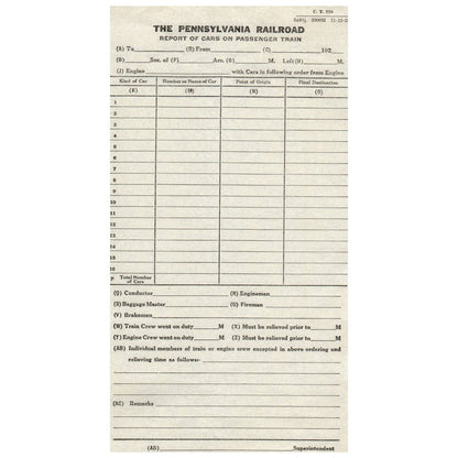 1928 The Pennsylvania Railroad Report of Cars on Passenger Train Blank Form AD8