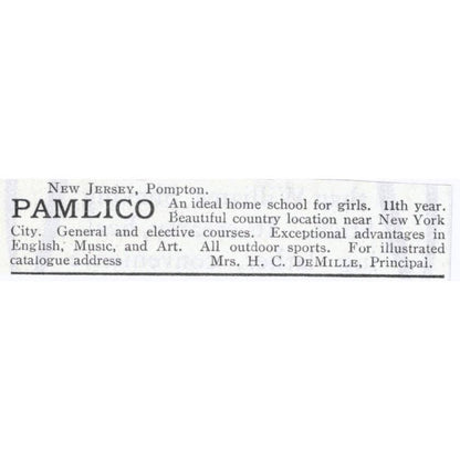 Pamlico School for Girls Pompton NJ H.C. DeMille - 1903 Original Ad TJ8-7-8
