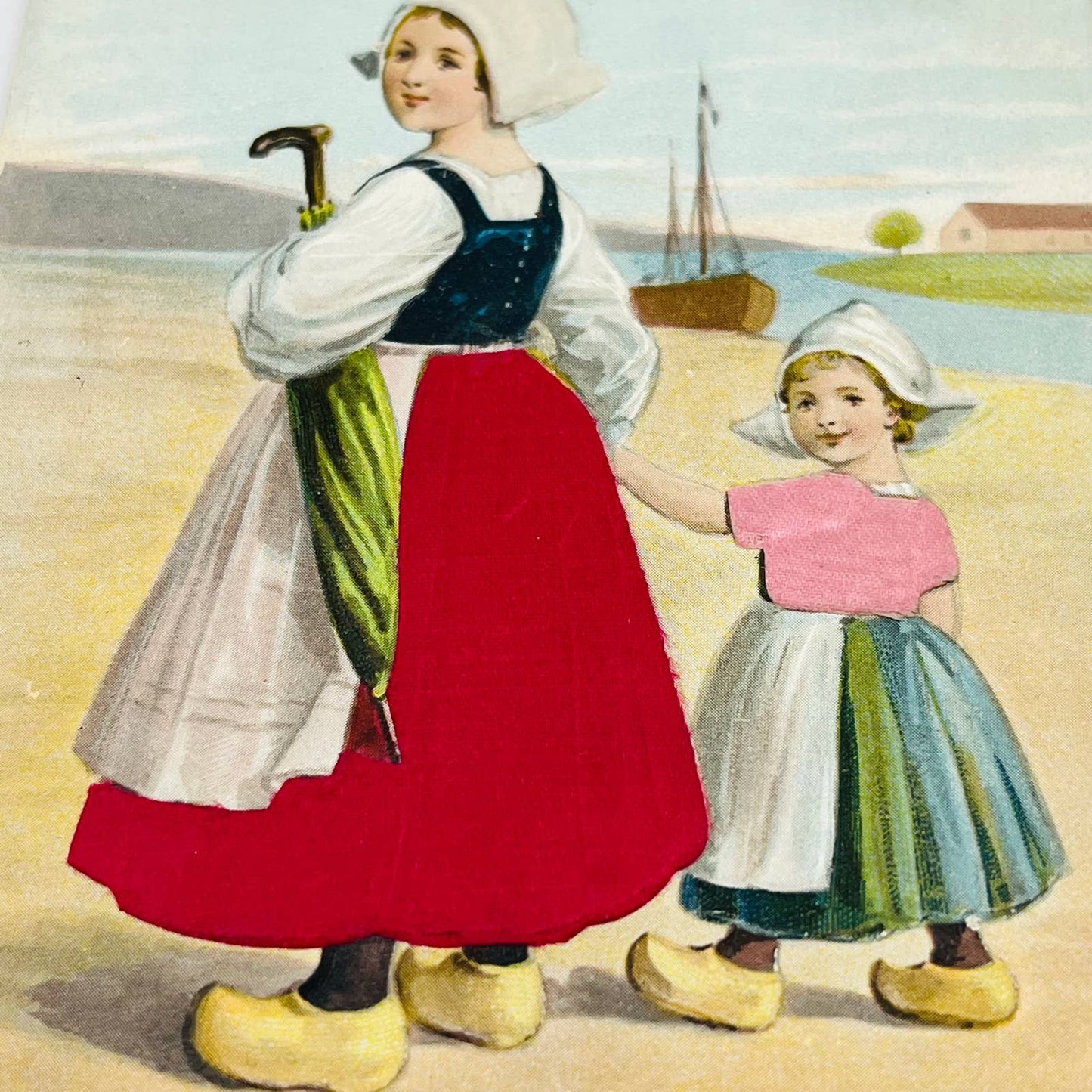 1910s Post Card Embossed Netherlands Dutch Girls Silk Dress Wood Clogs PA7