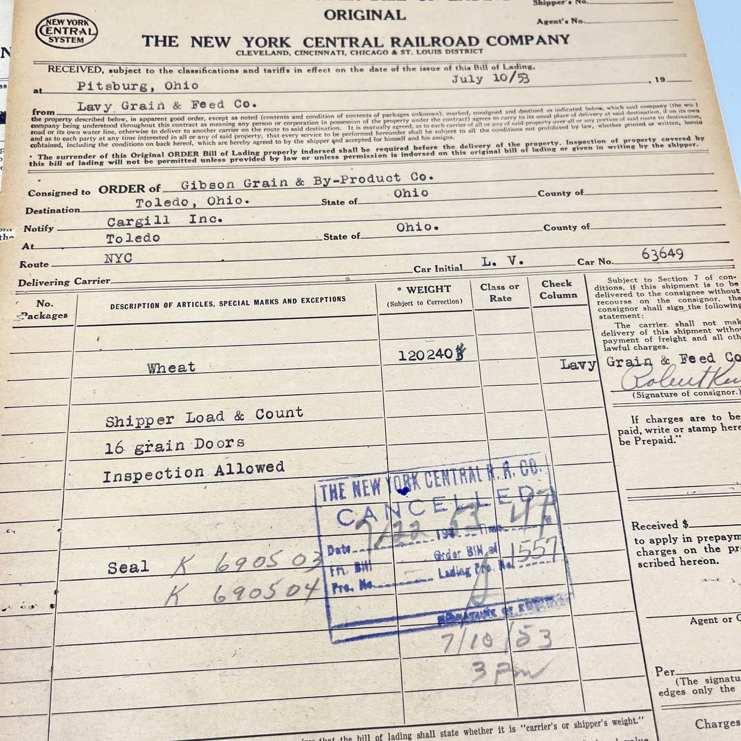 1953 The New York Central Railroad Co RR Original Bill of Lading Lot of 10 AB1-3