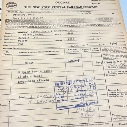 1953 The New York Central Railroad Co RR Original Bill of Lading Lot of 10 AB1-3