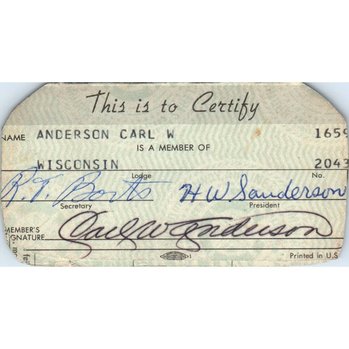 1970 Brotherhood of Railway, Airline and Steamship Clerks Membership Card SE5