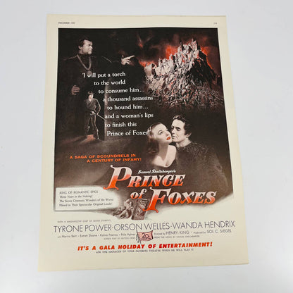 1949 Movie Ad PRINCE OF FOXES Tyrone Power Orson Welles 12.5 x 9.5” TA8