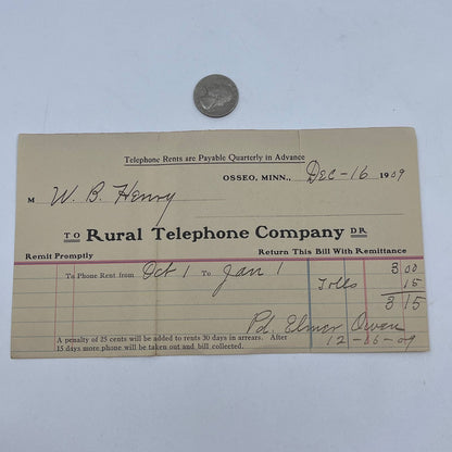 1909 Phone Bill Rural Telephone Company Osseo MN AB7