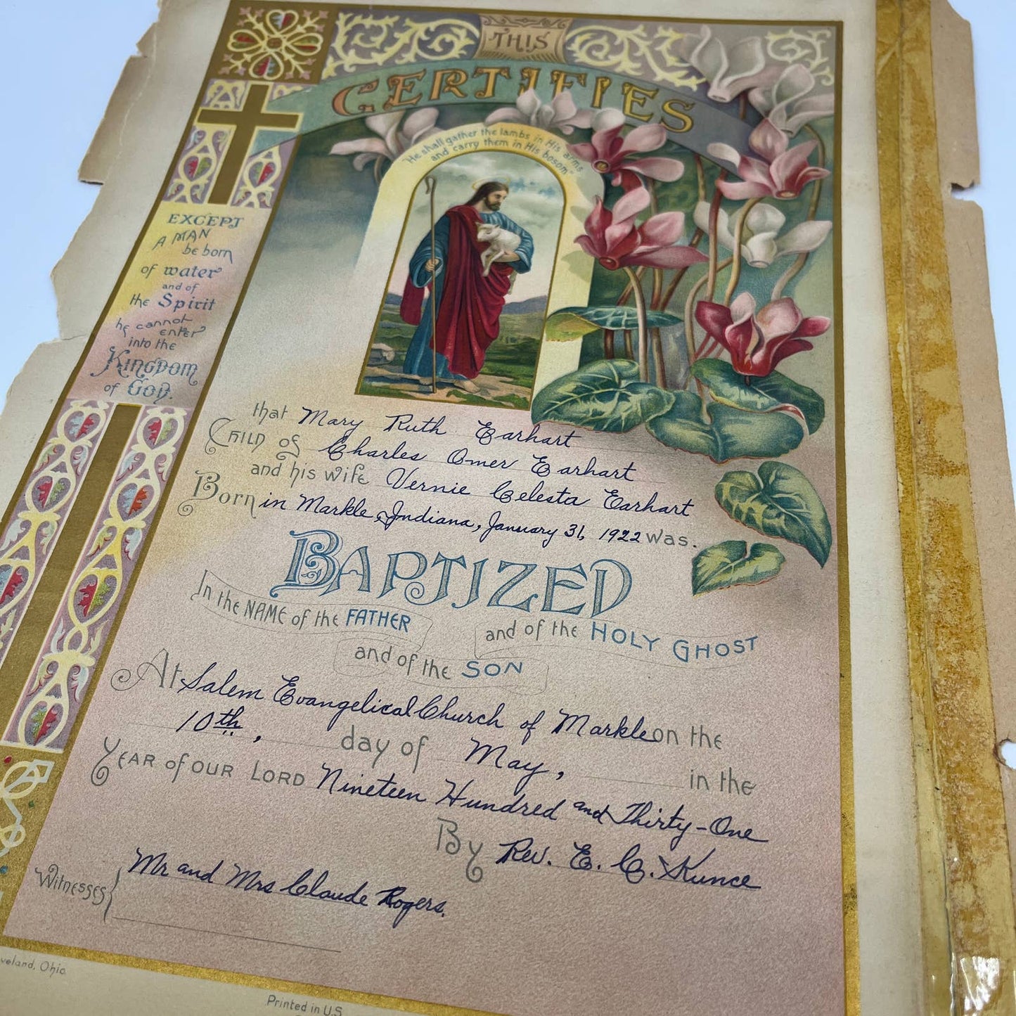 1922 Baptism Certificate Mary Ruth Earhart Salem Evangelical Church Markle FL4