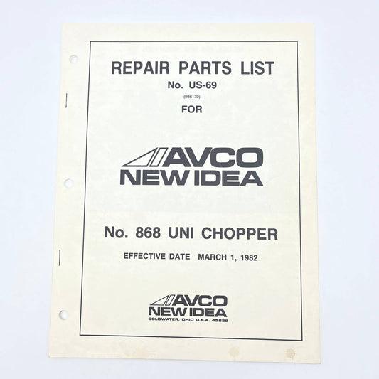 Original 1982 New Idea Repair Parts List US-69 For 868 Uni-Chopper TB9