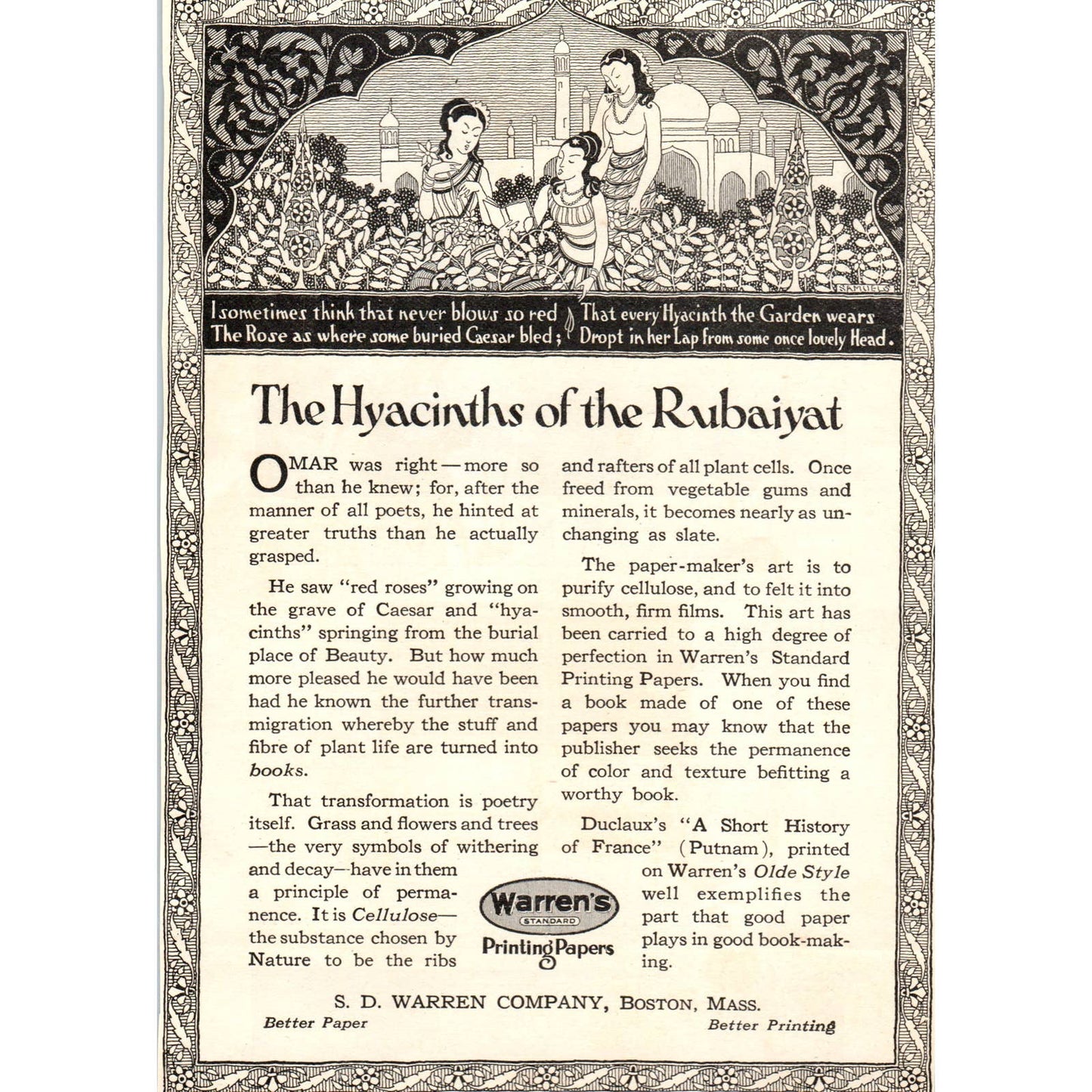 c1920 Harper's Magazine Ad - The Hyacinths of the Rubaiyat S.D. Warren Co TF6-1