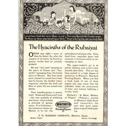 c1920 Harper's Magazine Ad - The Hyacinths of the Rubaiyat S.D. Warren Co TF6-1