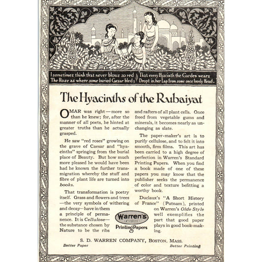 c1920 Harper's Magazine Ad - The Hyacinths of the Rubaiyat S.D. Warren Co TF6-1