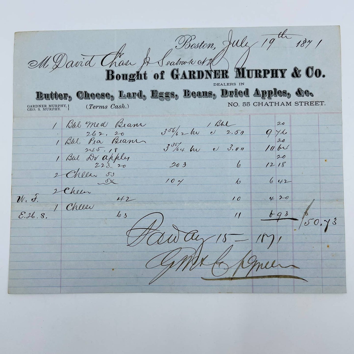 1871 Gardner Murphy & Co. 55 Chatham Street Baltimore MD Billhead  Receipt AA4