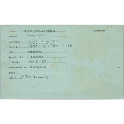 1931 Bishop Union High School Report Card Charles Holeman California SE3-4