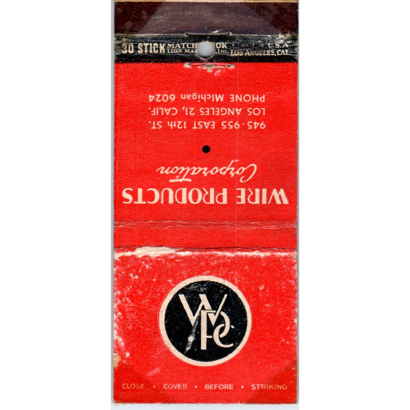 Wire Products Corporation Los Angeles CA Advertising Matchbook Cover MM10-3