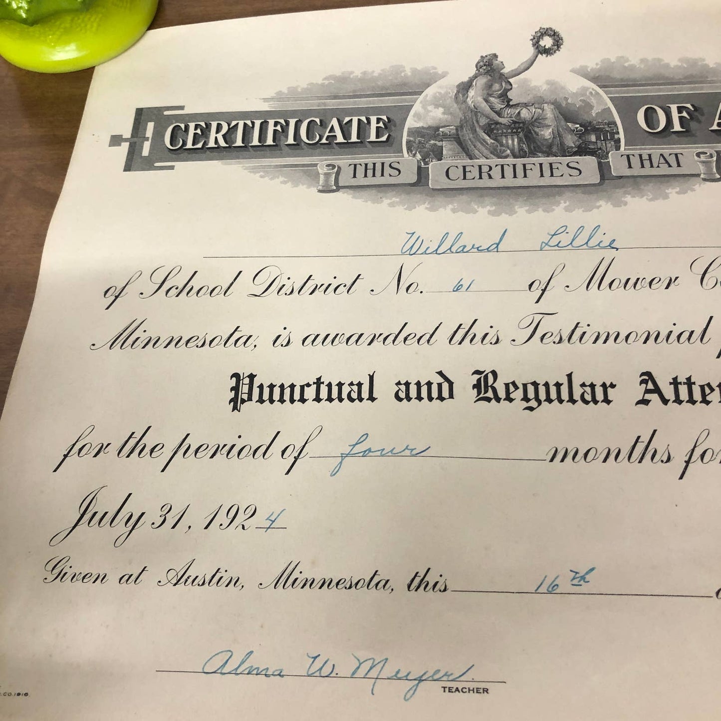 1924 Punctual Regular Attendance Certificate Award Willard Lillie Austin MN RU1