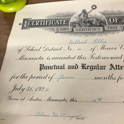 1924 Punctual Regular Attendance Certificate Award Willard Lillie Austin MN RU1