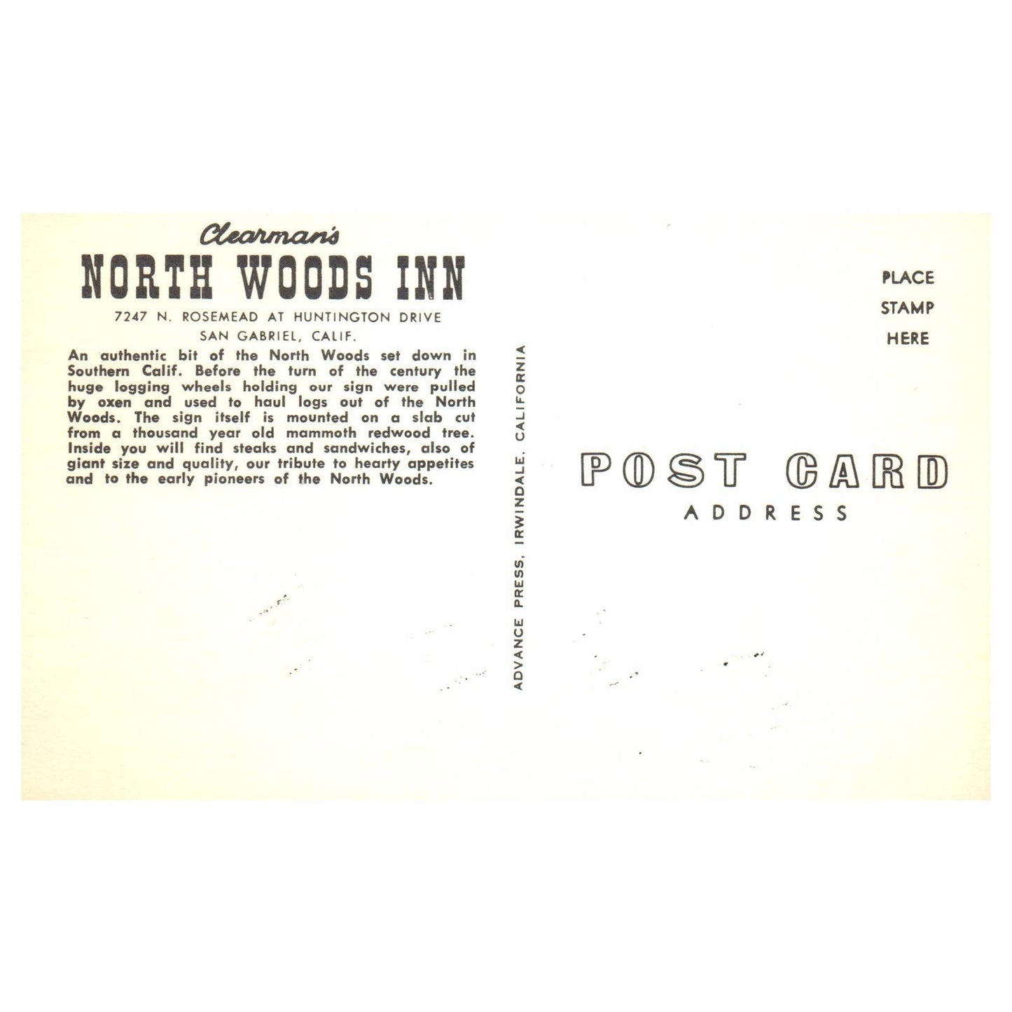 Vintage Postcard - Clearman's Northwoods Inn San Gabriel CA Interior TJ6-1