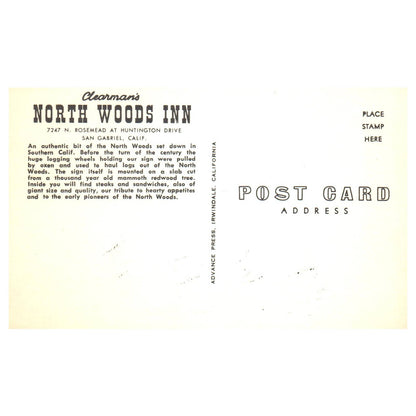 Vintage Postcard - Clearman's Northwoods Inn San Gabriel CA Interior TJ6-1