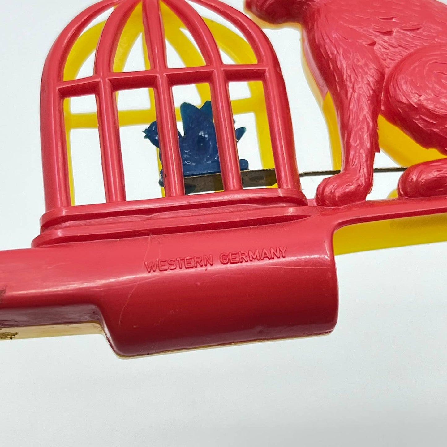 Vintage Yellow and Red Plastic Cat &  Bird Cage Slide Whistle West Germany TE1