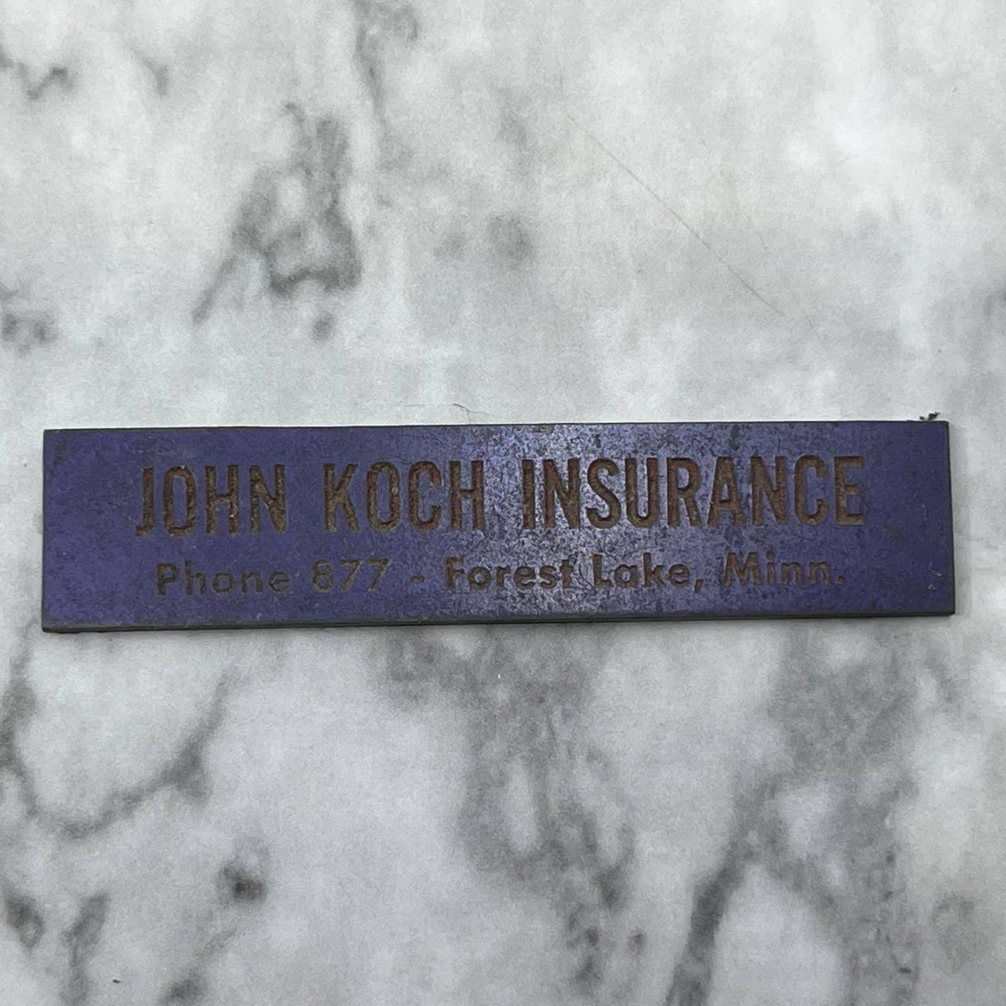 Vtg Letterpress Printers Block Plate John Koch Insurance Forest Lake MN SE822