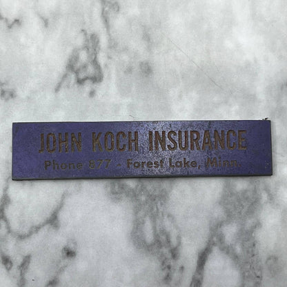 Vtg Letterpress Printers Block Plate John Koch Insurance Forest Lake MN SE822