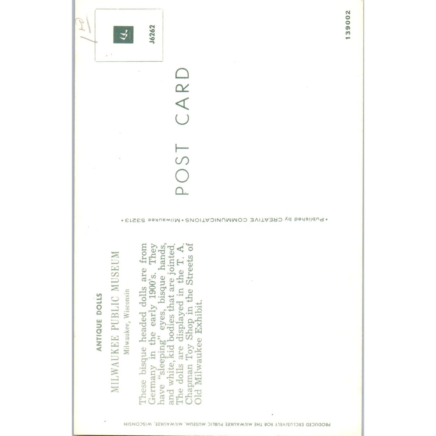 Antique German Bisque Dolls T.A. Chapman Toy Shop Milwaukee Exhibit Postcard PB8